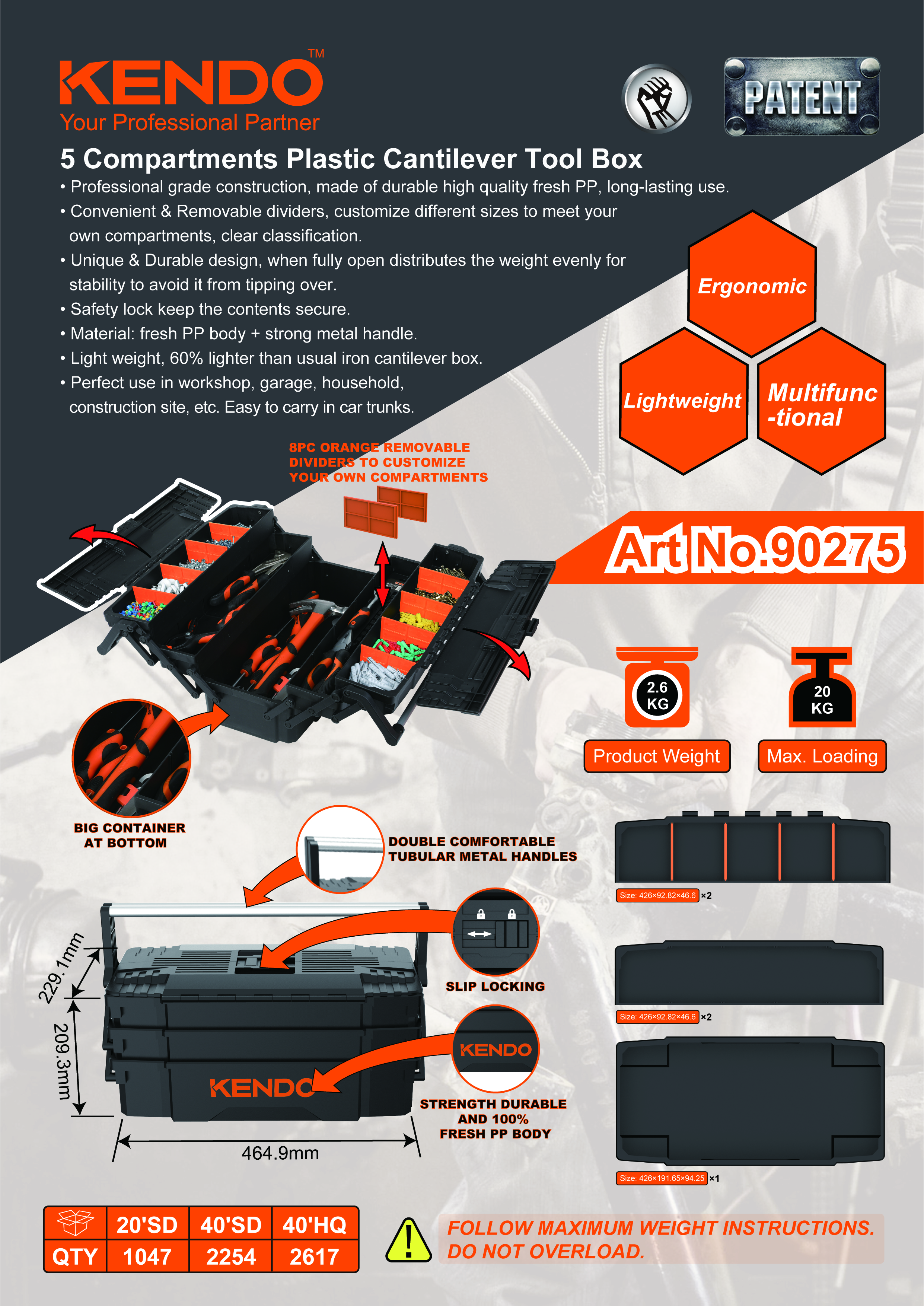 5 コンパートメント カンチレバー プラスチック ツールボックス